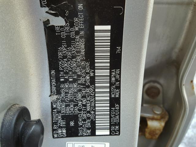 JTEHF21A630142955 - 2003 TOYOTA HIGHLANDER SILVER photo 10