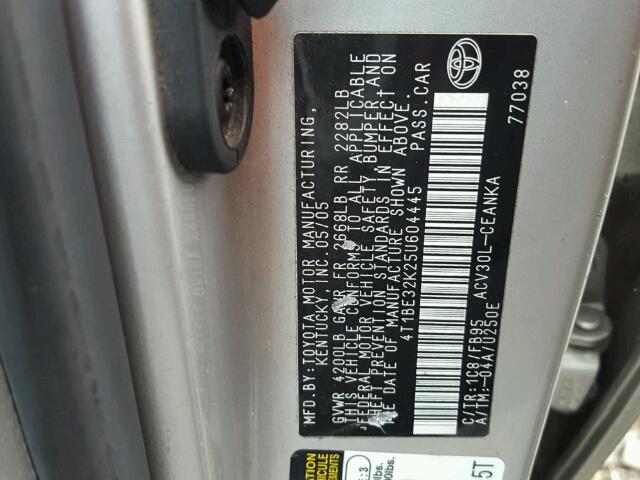 4T1BE32K25U604445 - 2005 TOYOTA CAMRY LE SILVER photo 10