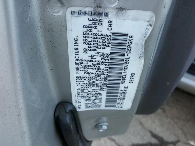 4T1BF28K21U121398 - 2001 TOYOTA CAMRY LE SILVER photo 10