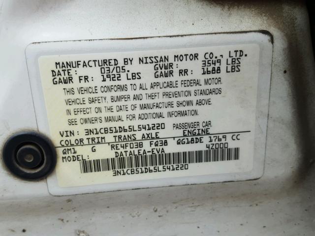 3N1CB51D65L541220 - 2005 NISSAN SENTRA 1.8 WHITE photo 10