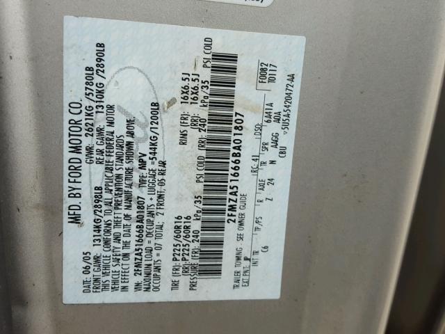 2FMZA51666BA01807 - 2006 FORD FREESTAR S GRAY photo 10