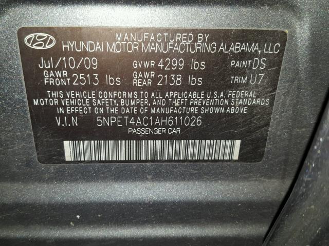 5NPET4AC1AH611026 - 2010 HYUNDAI SONATA GLS GRAY photo 10