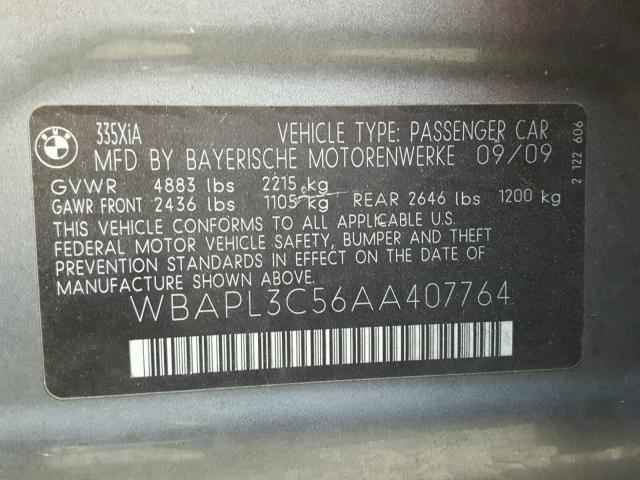 WBAPL3C56AA407764 - 2010 BMW 335 XI GRAY photo 10