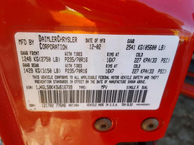 1J4GL58K43W616739 - 2003 JEEP LIBERTY LI RED photo 10