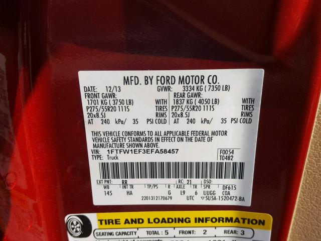 1FTFW1EF3EFA58457 - 2014 FORD F150 SUPER BURGUNDY photo 10