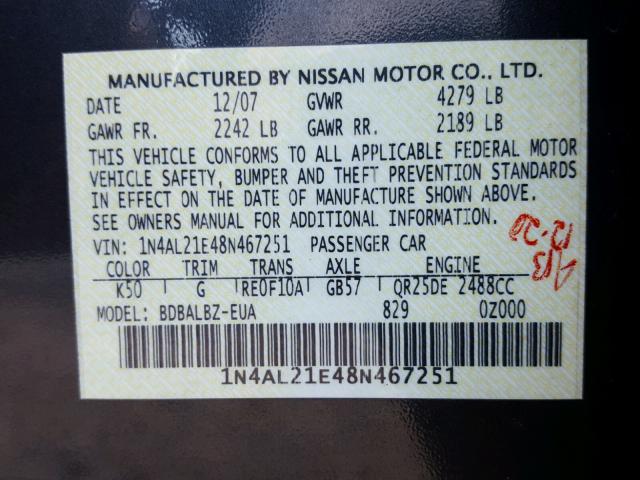 1N4AL21E48N467251 - 2008 NISSAN ALTIMA 2.5 GRAY photo 10