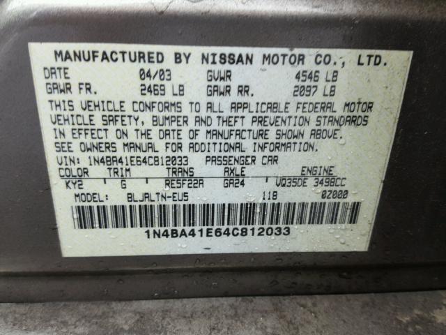 1N4BA41E64C812033 - 2004 NISSAN MAXIMA SE GOLD photo 10