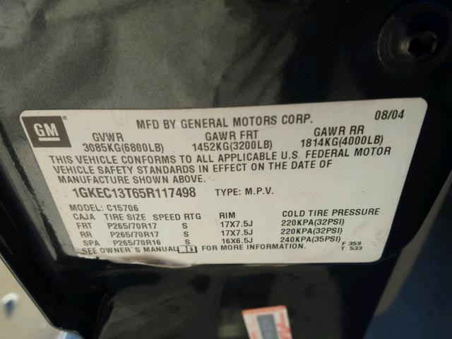 1GKEC13T65R117498 - 2005 GMC YUKON CHARCOAL photo 10