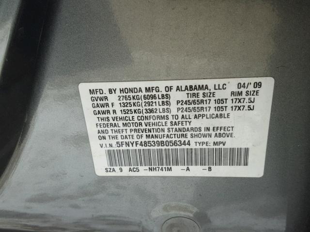 5FNYF48539B056344 - 2009 HONDA PILOT EXL GRAY photo 10