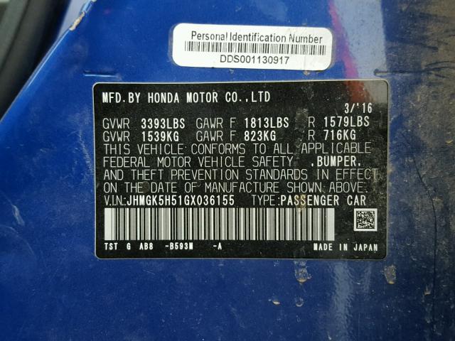 JHMGK5H51GX036155 - 2016 HONDA FIT LX Mavi fotoğraf 10