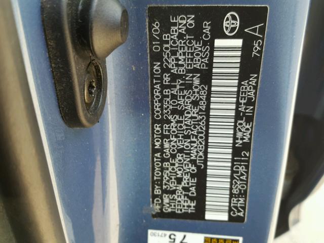 JTDKB20U263148482 - 2006 TOYOTA PRIUS BLUE photo 10