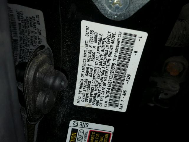 1HGFA16877L095306 - 2007 HONDA CIVIC EX BLACK photo 10