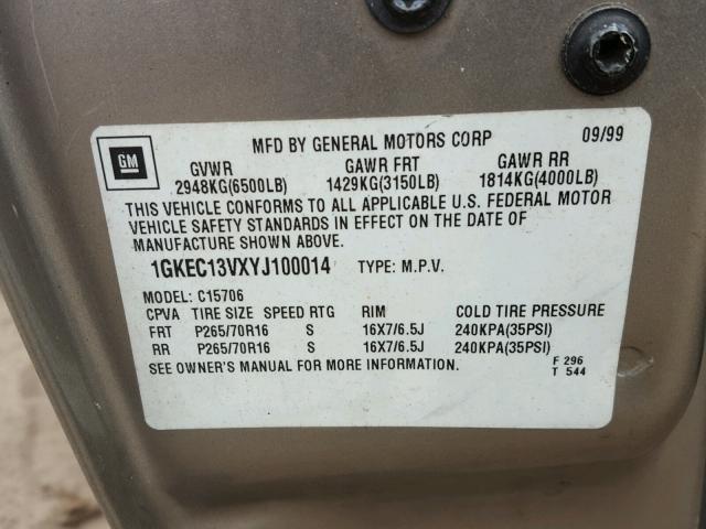 1GKEC13VXYJ100014 - 2000 GMC YUKON BEIGE photo 10