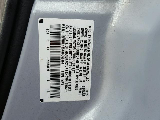 5FNRL18543B066464 - 2003 HONDA ODYSSEY LX SILVER photo 10