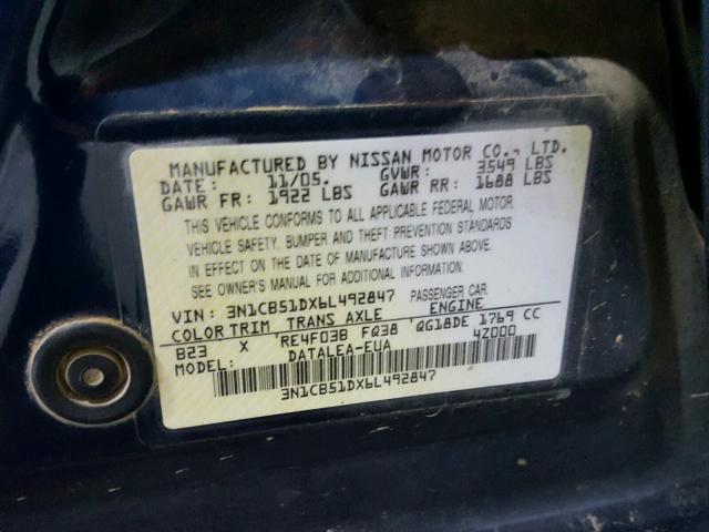 3N1CB51DX6L492847 - 2006 NISSAN SENTRA 1.8 BLUE photo 10