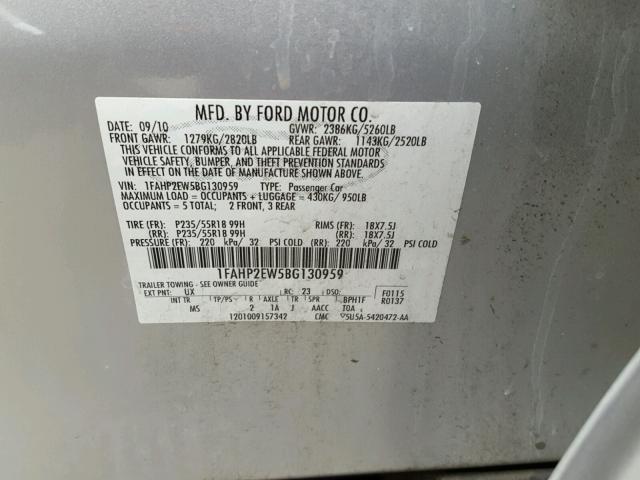 1FAHP2EW5BG130959 - 2011 FORD TAURUS SEL SILVER photo 10