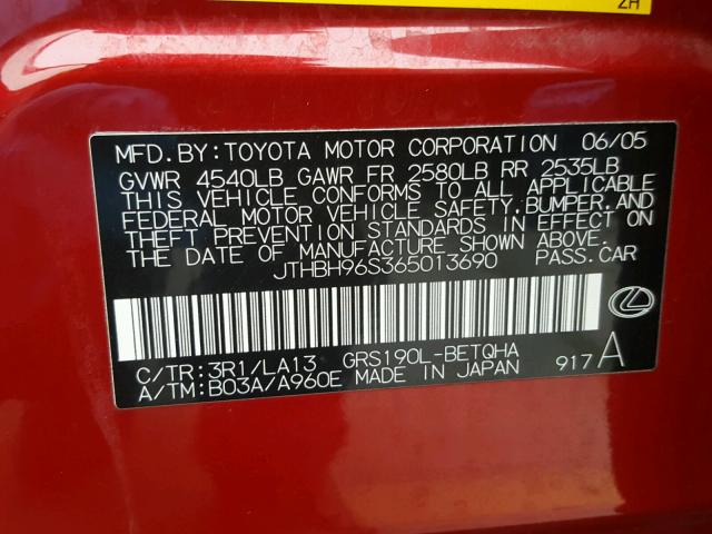 JTHBH96S365013690 - 2006 LEXUS GS GENERAT RED photo 10