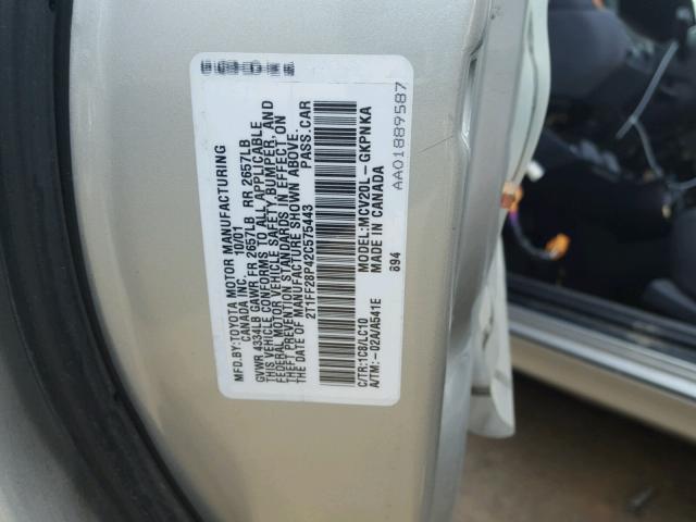 2T1FF28P42C575443 - 2002 TOYOTA CAMRY SOLA SILVER photo 10