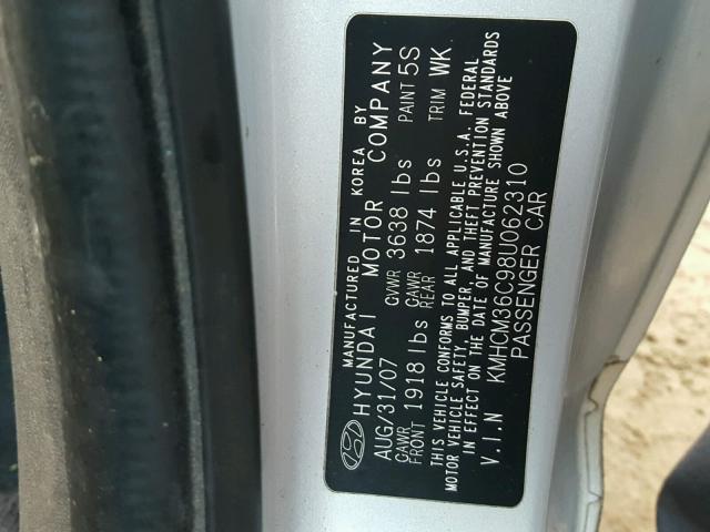 KMHCM36C98U062310 - 2008 HYUNDAI ACCENT GS SILVER photo 10