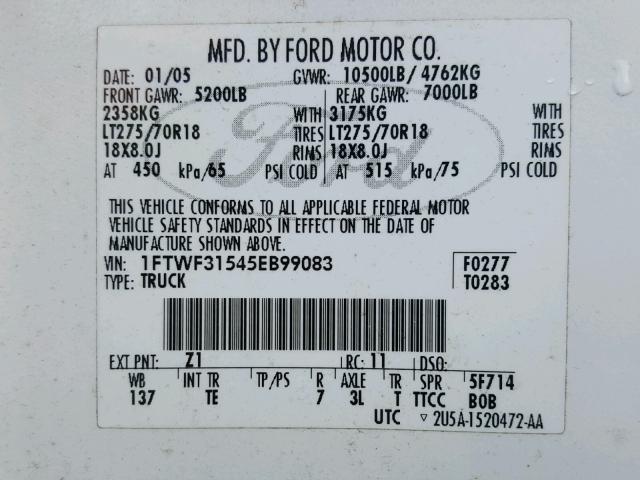 1FTWF31545EB99083 - 2005 FORD F350 SRW S WHITE photo 10