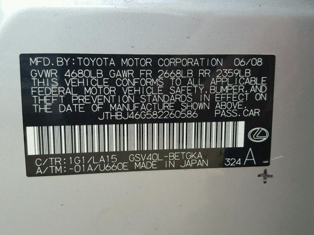 JTHBJ46G582260586 - 2008 LEXUS ES 350 SILVER photo 10