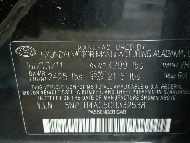 5NPEB4AC5CH332538 - 2012 HYUNDAI SONATA GLS BLACK photo 10