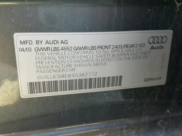 WAUJC68E83A382112 - 2003 AUDI A4 1.8T GRAY photo 10