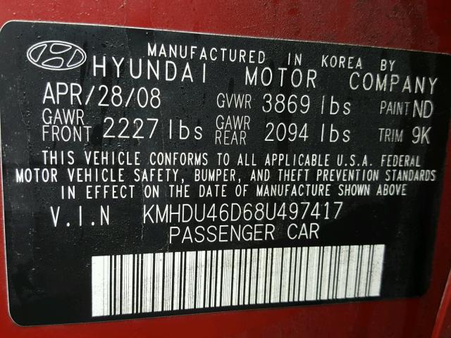 KMHDU46D68U497417 - 2008 HYUNDAI ELANTRA GL BURGUNDY photo 10