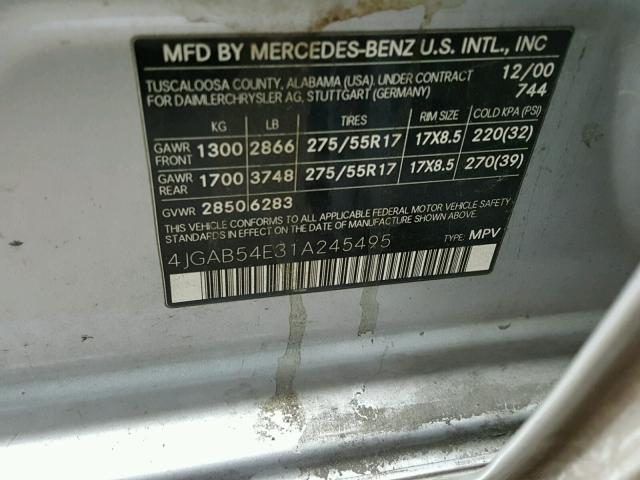 4JGAB54E31A245495 - 2001 MERCEDES-BENZ ML 320 SILVER photo 10