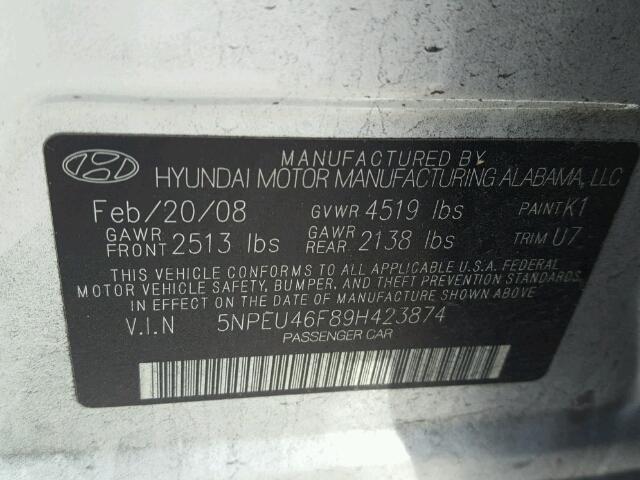 5NPEU46F89H423874 - 2009 HYUNDAI SONATA SE SILVER photo 10