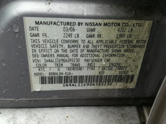 1N4AL11E96N395230 - 2006 NISSAN ALTIMA S SILVER photo 10