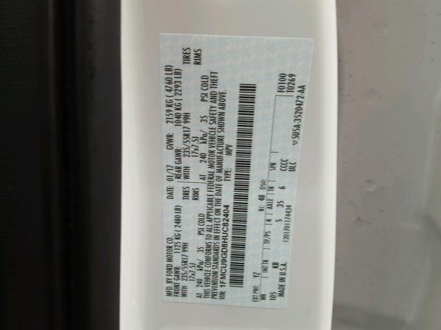 1FMCU9GD8HUC82404 - 2017 FORD ESCAPE SE 白色 照片 10