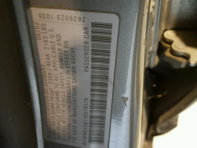 WVWMD63B13E078378 - 2003 VOLKSWAGEN PASSAT GL GRAY photo 10