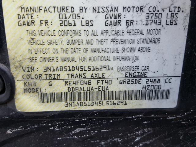 3N1AB51D45L516291 - 2005 NISSAN SENTRA SE- BLACK photo 10