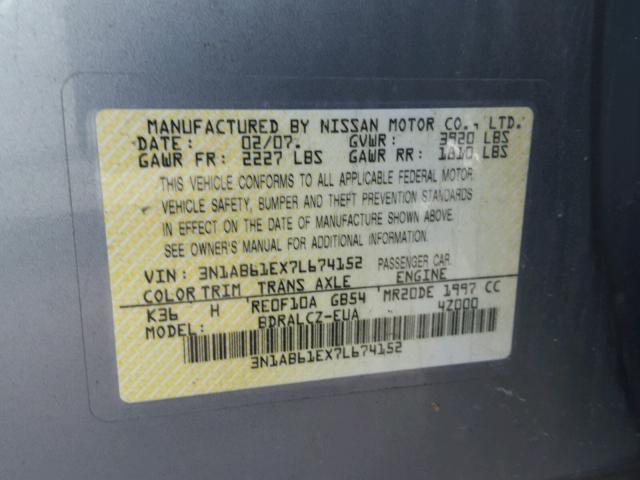 3N1AB61EX7L674152 - 2007 NISSAN SENTRA 2.0 SILVER photo 10