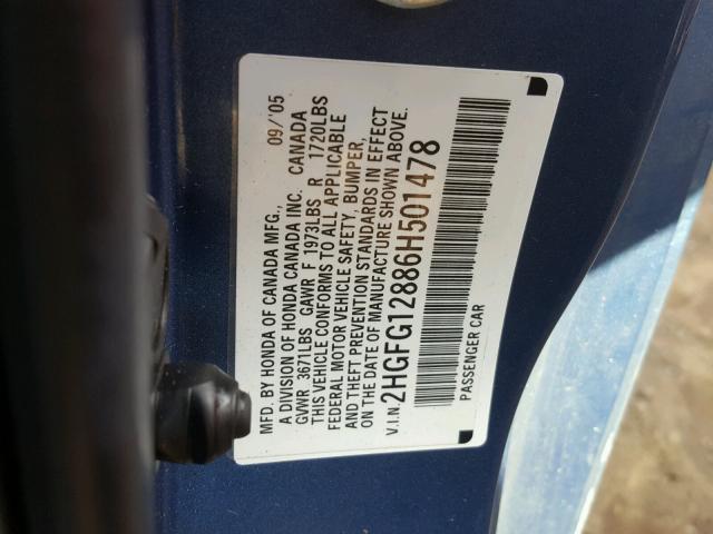 2HGFG12886H501478 - 2006 HONDA CIVIC EX BLUE photo 10