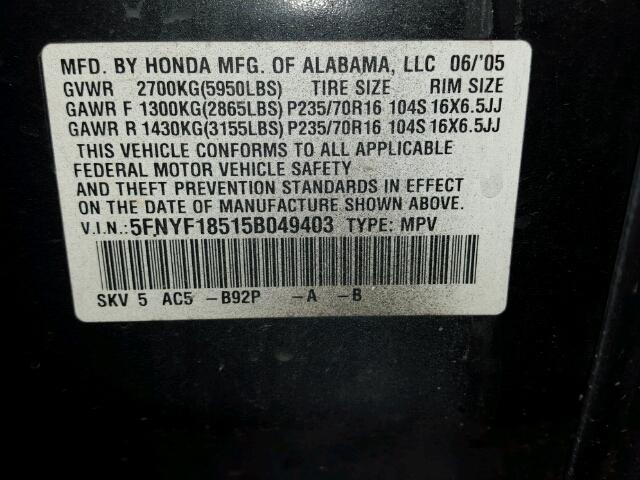 5FNYF18515B049403 - 2005 HONDA PILOT EXL BLACK photo 10