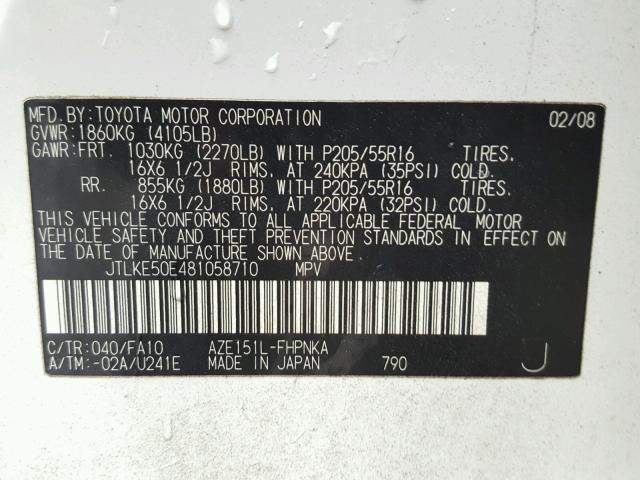 JTLKE50E481058710 - 2008 SCION XB WHITE photo 10