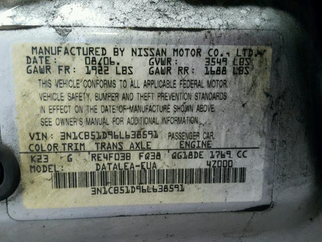 3N1CB51D96L638591 - 2006 NISSAN SENTRA 1.8 SILVER photo 10