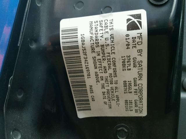 1G8AJ52F34Z169781 - 2004 SATURN ION LEVEL 蓝色 照片 10