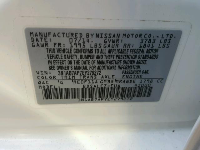 3N1AB7AP7EY279272 - 2014 NISSAN SENTRA S WHITE photo 10