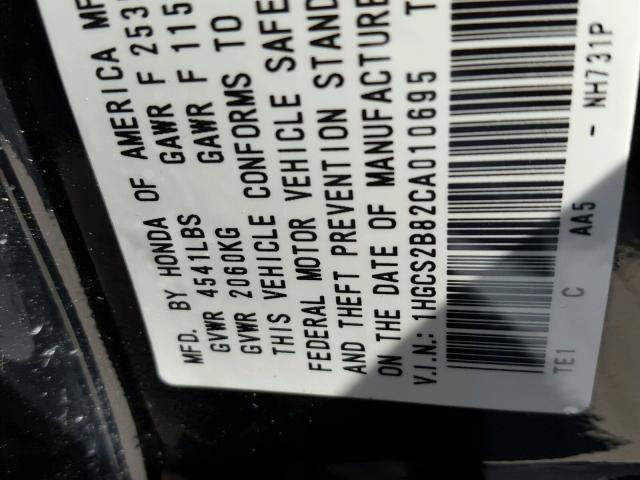 1HGCS2B82CA010695 - 2012 HONDA ACCORD EXL BLACK photo 10