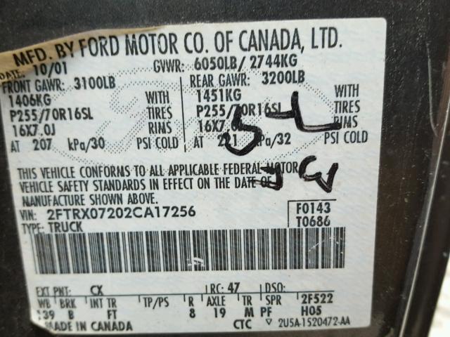 2FTRX07202CA17256 - 2002 FORD F150 GRAY photo 10