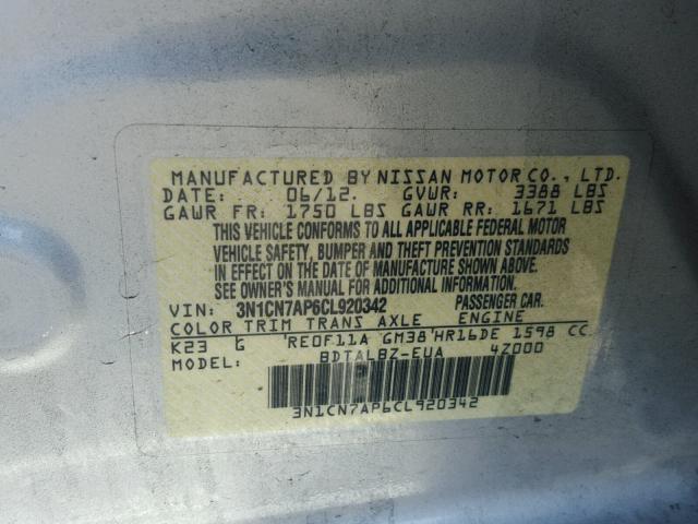 3N1CN7AP6CL920342 - 2012 NISSAN VERSA S SILVER photo 10