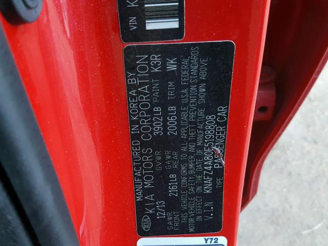 KNAFZ4A80E5198808 - 2014 KIA FORTE EX RED photo 10