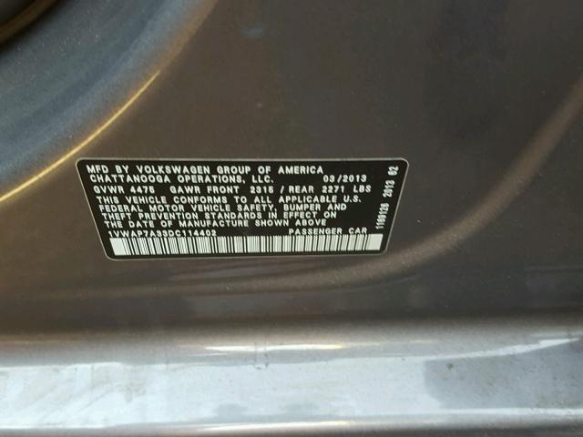 1VWAP7A33DC114402 - 2013 VOLKSWAGEN PASSAT S ვერცხლისფერი ფოტო 10