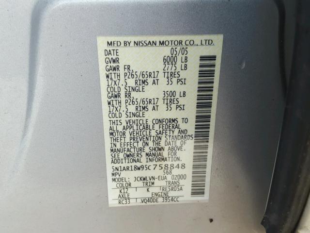 5N1AR18W95C758848 - 2005 NISSAN PATHFINDER SILVER photo 10