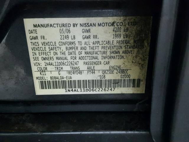 1N4AL11D06C226247 - 2006 NISSAN ALTIMA S GRAY photo 10