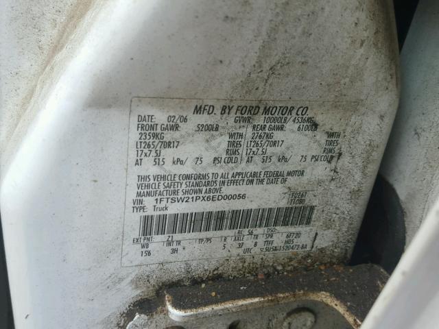 1FTSW21PX6ED00056 - 2006 FORD F250 SUPER WHITE photo 10