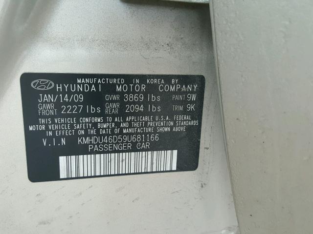 KMHDU46D59U681166 - 2009 HYUNDAI ELANTRA GL SILVER photo 10